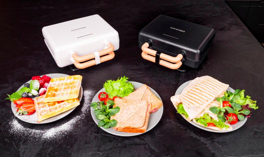 Sendvičovač Concept SV3091 3v1 čierny Biely a čierny sendvičovač 3 v 1 s pripravenými vaflemi, toastami a grilovaným panini