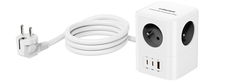 Rozbočovacia zásuvka Cubenest PowerCube 4xAC, PD 30W, 2xC,1xA, 1.5m kabel sivá/biela Rozbočovacia zásuvka Cubenest efektívne napájanie vďaka technológii GaN