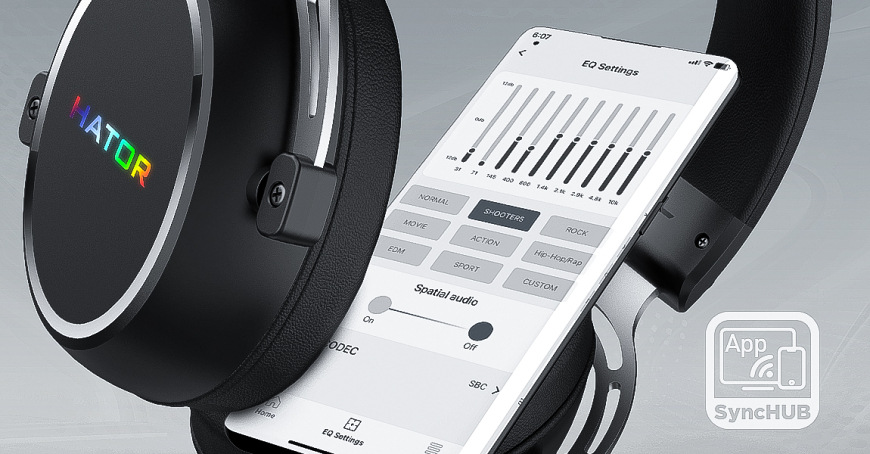 Headset HATOR Hypergang 3 USB vedľa telefónu s nastavením ekvalizéra v aplikácii SyncHUB