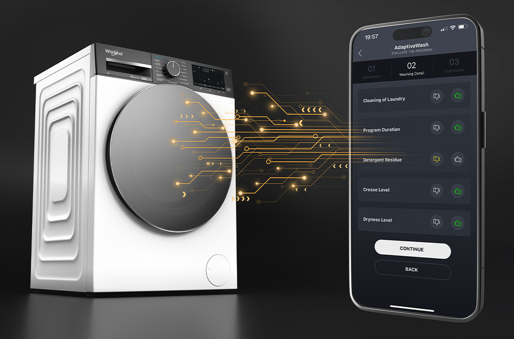 Práčka/sušička Whirlpool WPD 0736W ADS EE, technológia adaptive wash, mobilný telefón s práčkou na čiernom pozadí