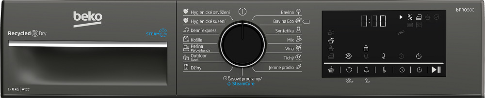 Detail ovládacieho panela sušičky bielizne Beko s otočným voličom a dotykovým panelom s programami