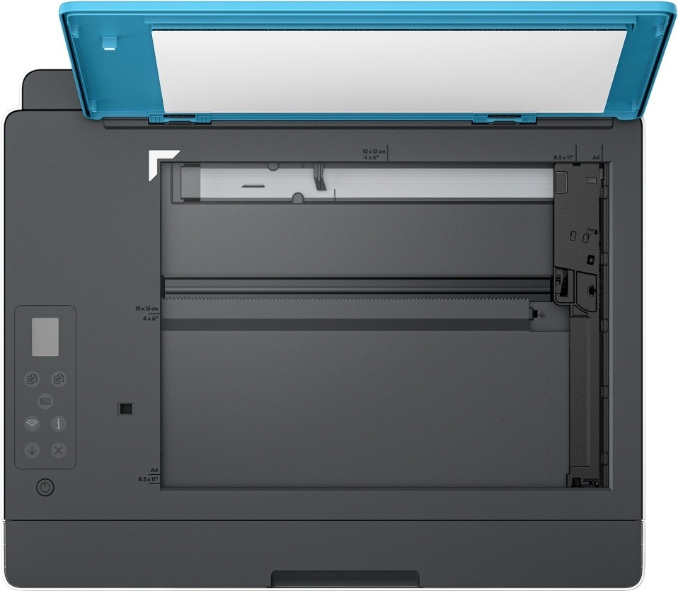 Tlačiareň multifunkčná HP Smart Tank 596 čierna/biela/modrá Pohľad zhora na tlačiareň HP Smart Tank 596 so skenerom