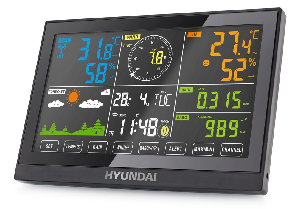 Meteorologická stanica Hyundai WSP 5200 WIFI čierna Hlavná jednotka meteostanice Hyundai WSP 5200 s veľkým displejom zobrazujúci namerané hodnoty, čas, fázu mesiaca, vlhkosť, zrážky, rýchlosť a smer vetra