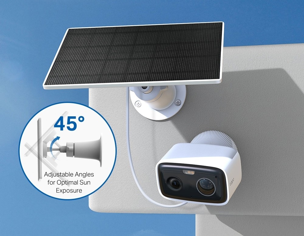 IP kamera TP-Link Tapo TC80 HD Solar Kit s nastaviteľným uhlom optimálnej expozície solárneho panelu