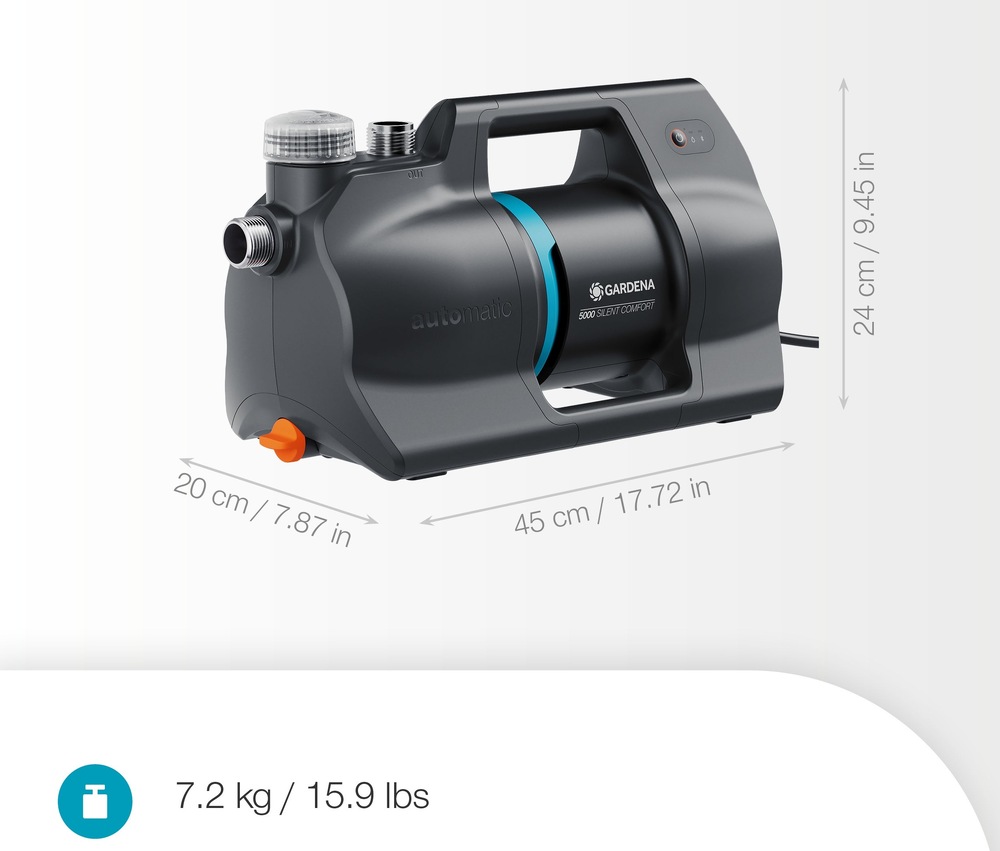 Vodáreň Gardena 5000 Silent Comfort 09072-20 Čerpadlo s vyznačenými rozmermi a hmotnosťou (7,2 kg).
