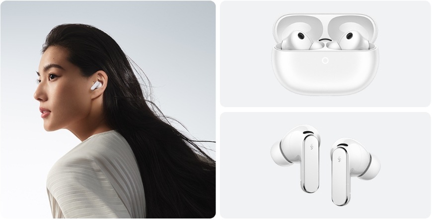 Slúchadlá Huawei FreeBuds Pro 5 biela Profil ženy s nasadeným slúchadlom Huawei FreeBuds Pro 5, detail puzdra a slúchadiel