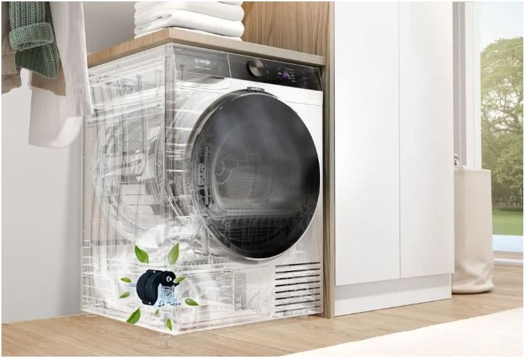 Sušička bielizne Gorenje DG89CPS CompleteDry s vyobrazením vnútornej konštrukcie a systému prúdenia vzduchu