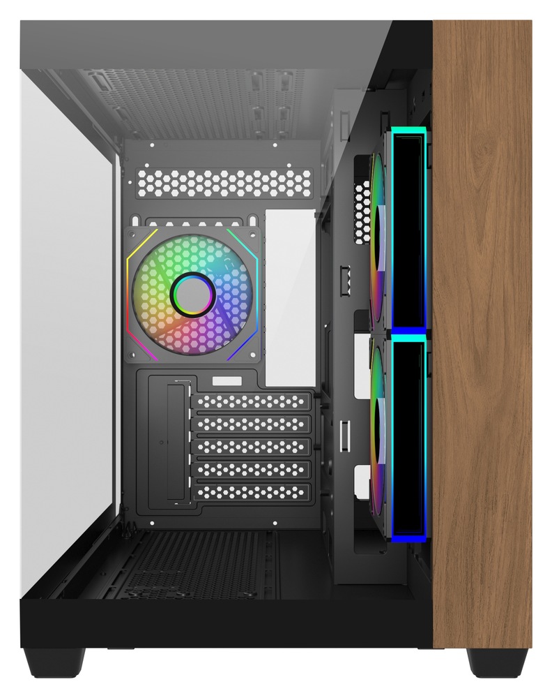 Case Cooler Master Elite 481 Wood čierna Pohľad do pc skrine cez čelnú, presklenú stenu. Na pravej strane je zvislá drevená dekoračná lišta, ďalej sú vidieť tri pozície osadené ARGB ventilátormi a perforovaná zadná stena skrine.