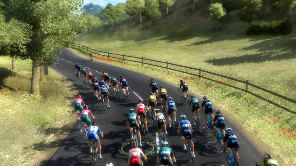 Obrázok z hry Pre Cycling Manager 2022 znázorňujúci cyklistov, idúcich po slnečnej vidieckej ceste lemovanej stromami, sviežimi zelenými kopcami a divoko rastúcimi kvetmi.