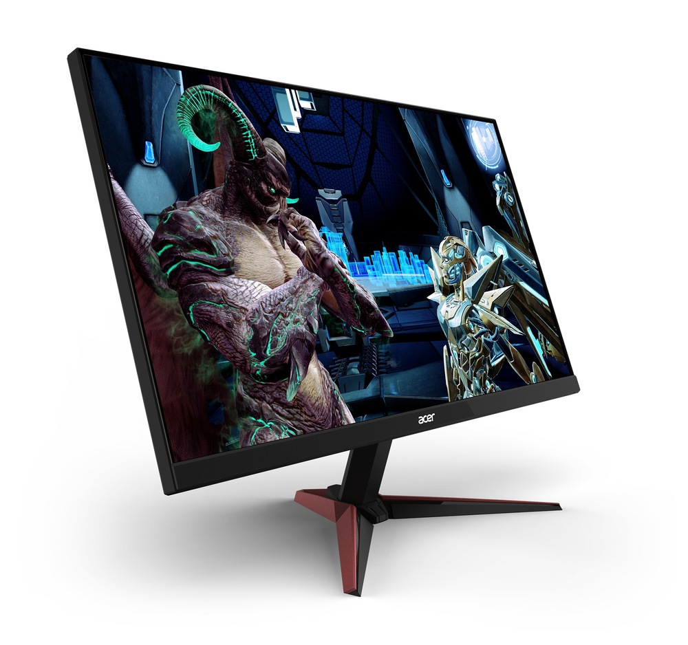 Herný monitor Acer Nitro VG270P6bmipx čierny Elegantný herný monitor Acer zobrazuje živú sci-fi scénu s monštruóznou bytosťou a robotickou postavou v futuristickom prostredí.