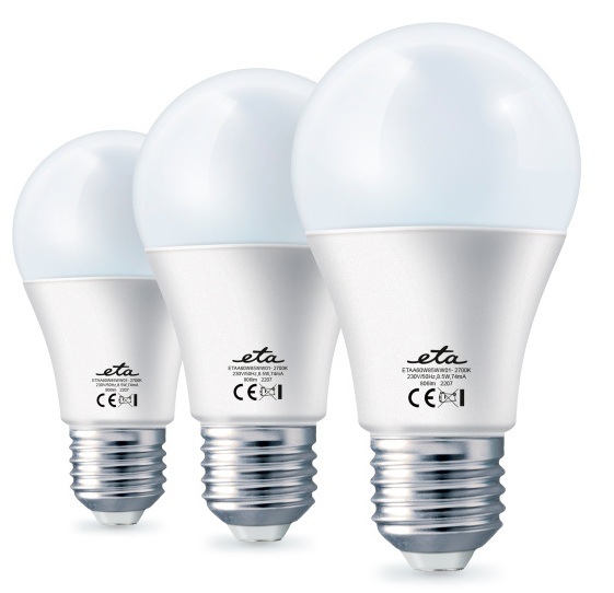 LED žiarovka ETA A60PACK6 Súprava 3 ks 8,5W LED žiaroviek ETA s päticou E27 na bielom pozadí