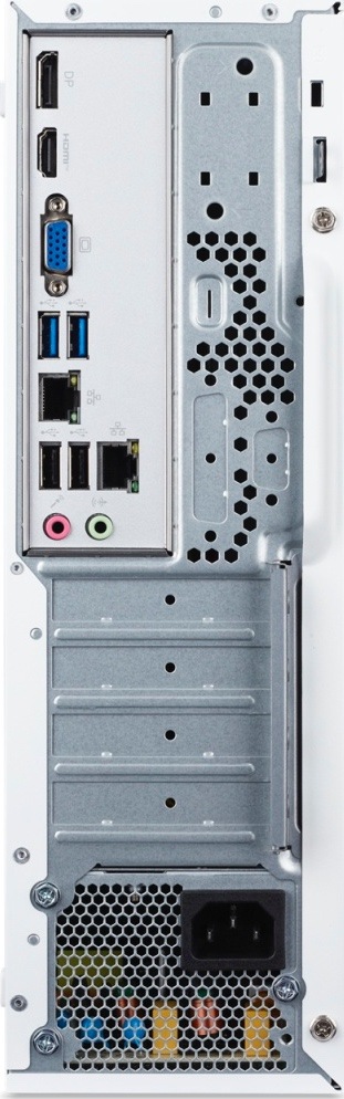 Stolný počítač Acer Aspire XC-102 biely/hnedý Zadná strana počítača Acer Aspire XC-102 s konektormi DisplayPort, HDMI a VGA, štyrmi portami USB-A, dvoma sieťovými portami RJ45 a dvojicou 3,5 mm zvukových konektorov. Uprostred sú ventilačné otvory a záslepky rozširujúcich pozícií, dole napájací zdroj so sieťovou zásuvkou.