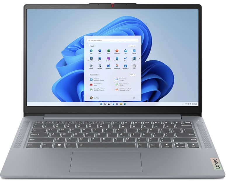 Sivý notebook Lenovo IdeaPad Slim 3 14AMN8 s otvoreným 14″ displejom a klávesnicou