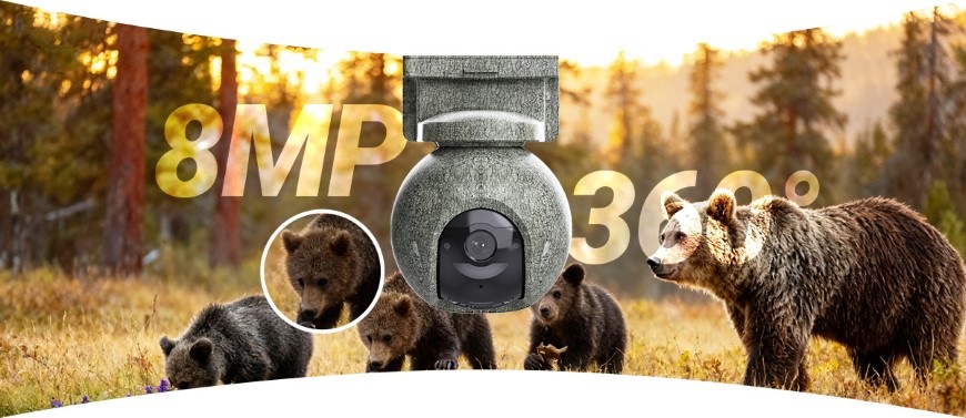 IP kamera EZVIZ PTZ EB8 Pro 4G Ranger kit khaki Medvedia rodina a kamera EZVIZ PTZ EB8 Pre 4G Ranger s rozpoznávaním 20 druhov zvierat