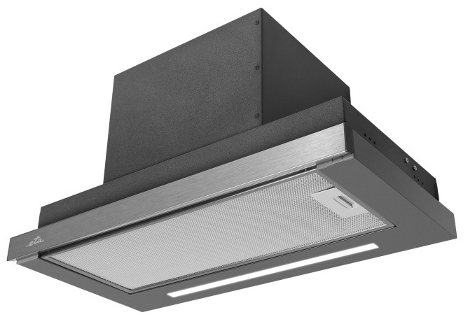 Vestavná digestor ETA 2978  s nerezovým čelním panelem, kovovým tukovým filtrem a LED osvětlením – pohled zpodu.
