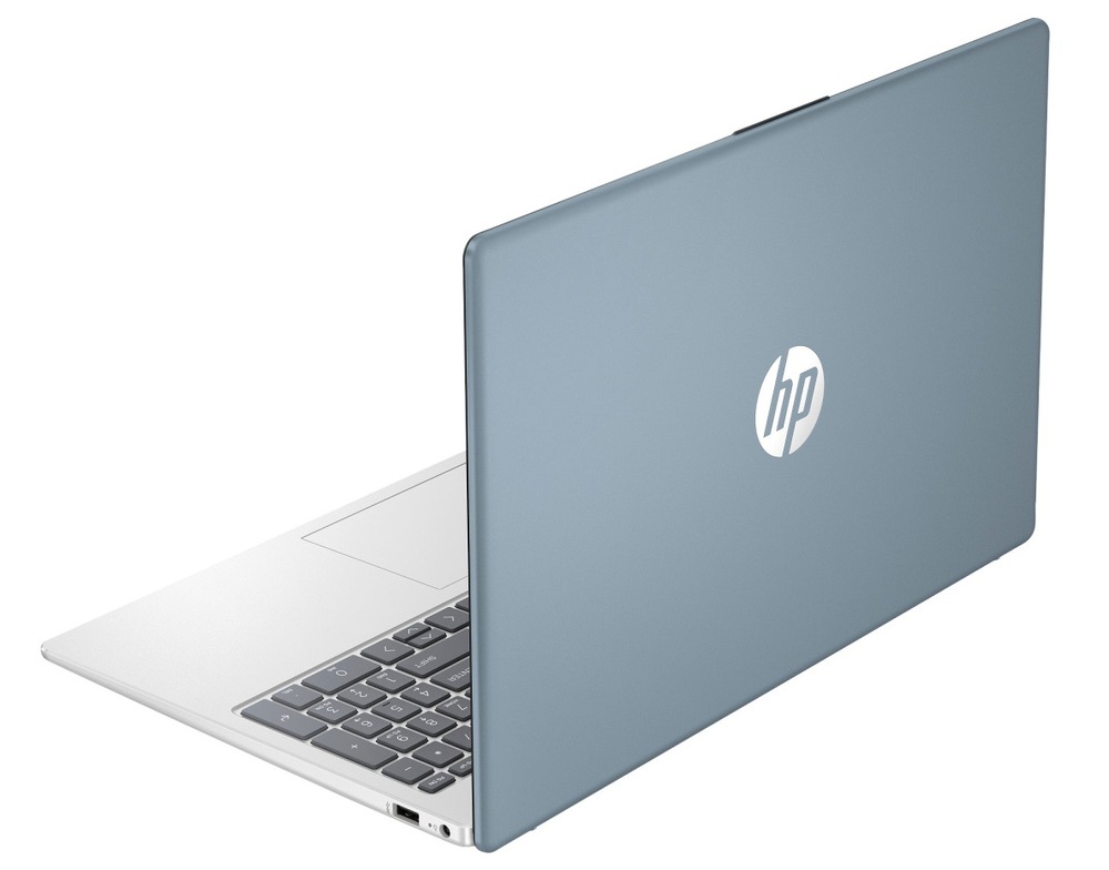 Notebook HP 15-fd1600nc + Game Pass predplatné na 3 mesiace strieborný/modrý Notebook HP 15-fd1600nc otvorený a otočený zozadu