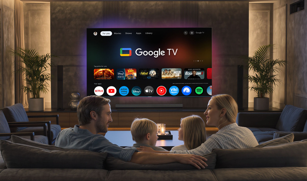Štvorčlenná rodina sedí na gauči av útulnej a slabo osvetlenej obývacej izbe sleduje veľkú obrazovku Google TV s rôznymi streamovacími aplikáciami.