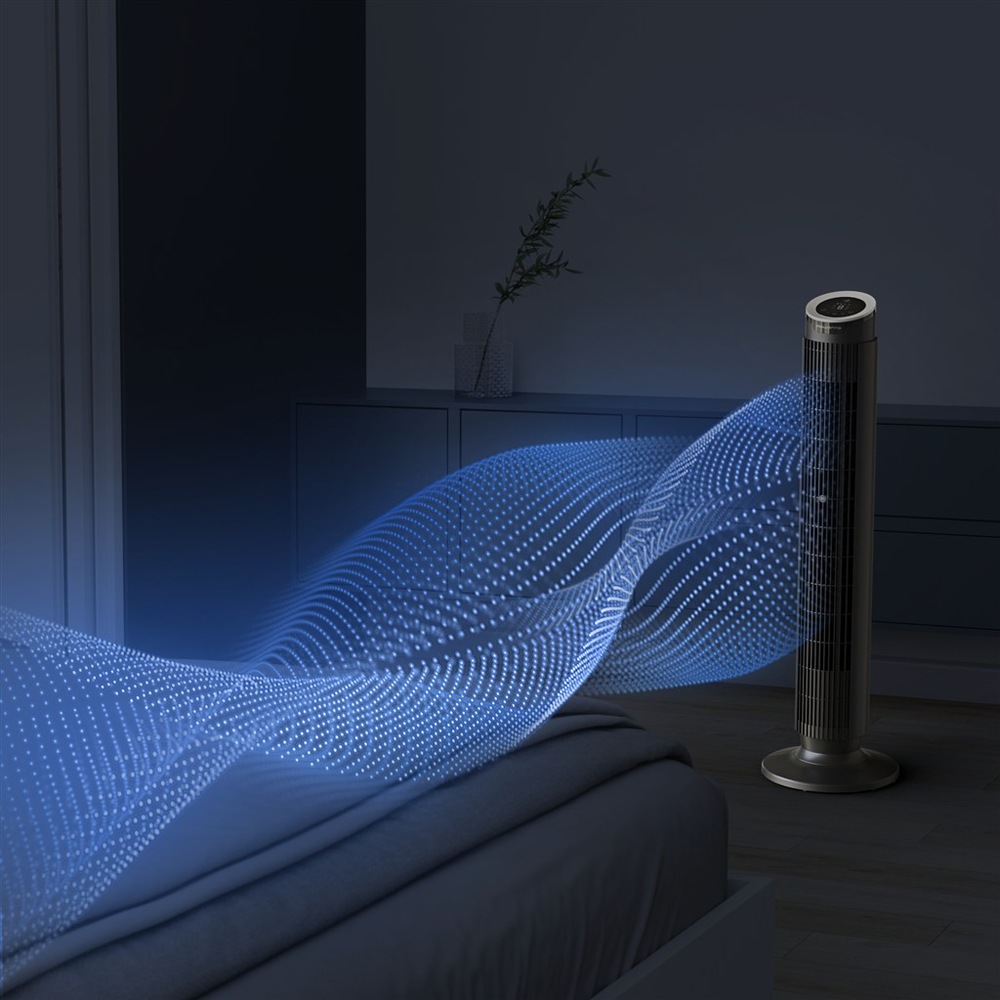 Ventilátor stĺpový Rowenta VU7020F0 Eole Silence Force čierny Vežový ventilátor Rowenta chladí posteľ v noci s vizualizáciou prúdenia vzduchu.