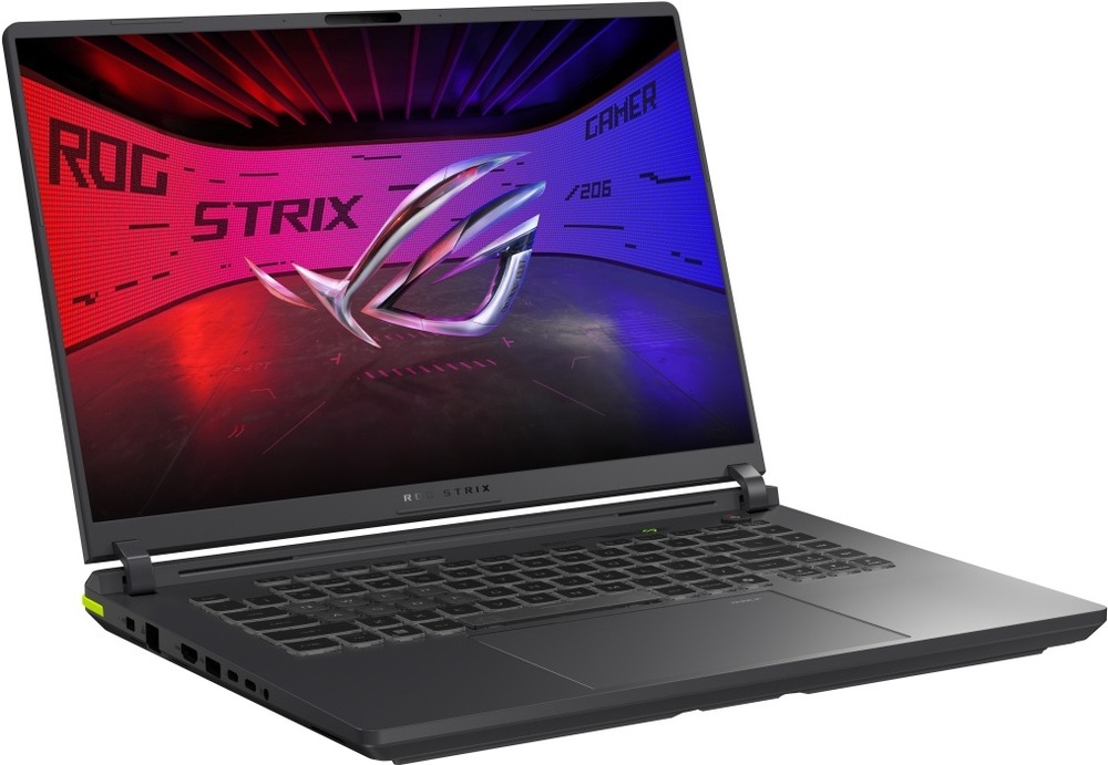 ASUS ROG Strix G16 z bočného uhla so zameraním ostrý displej s bohatými farbami
