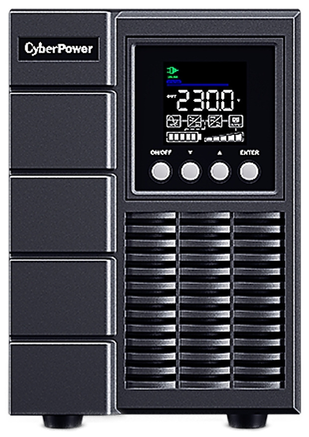 Na obrázku je čelný pohľad na záložný zdroj CyberPower OnLine S 2000VA/1800W. V hornej časti je farebný displej zobrazujúci napätie 230 V a stav zariadenia, pod ním štyri okrúhle tlačidlá. Spodnú polovicu prednej strany tvorí široká ventilačná mriežka a vľavo sú výrazné zvisle členené panely s logom CyberPower hore. Zariadenie pôsobí robustne, technicky a profesionálne.