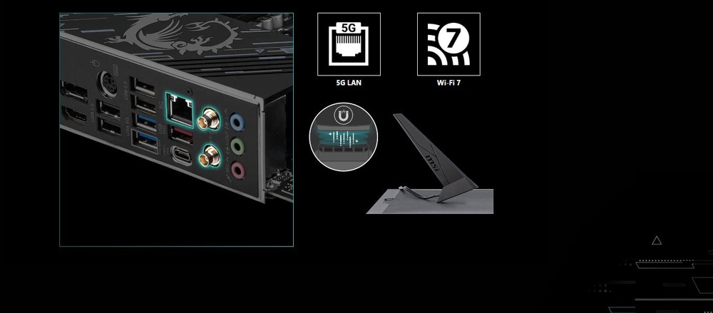 Obrázok zobrazuje zadný panel počítača s niekoľkými portami, vrátane USB, HDMI a Ethernet. Ikony hore označujú podporu 5G LAN a Wi-Fi 7. Vpravo je vyobrazená čierna anténa.