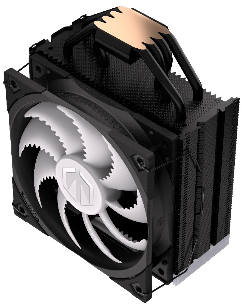 Na obrázku je chladič CPU ENDORFY Fera 5 Black ARGB – vežový vzduchový chladič procesora. Vpredu má veľký čierny ventilátor s bielymi lopatkami (v tvare „zubatých“ krídiel), ktorý fúka vzduch cez chladič. Za ventilátorom je vysoký blok hustých čiernych kovových rebier a hore sú vidieť zahnuté kovové trubičky (heatpipe) s medenou základňou. Podsvietenie ARGB na fotke nie je rozsvietené.