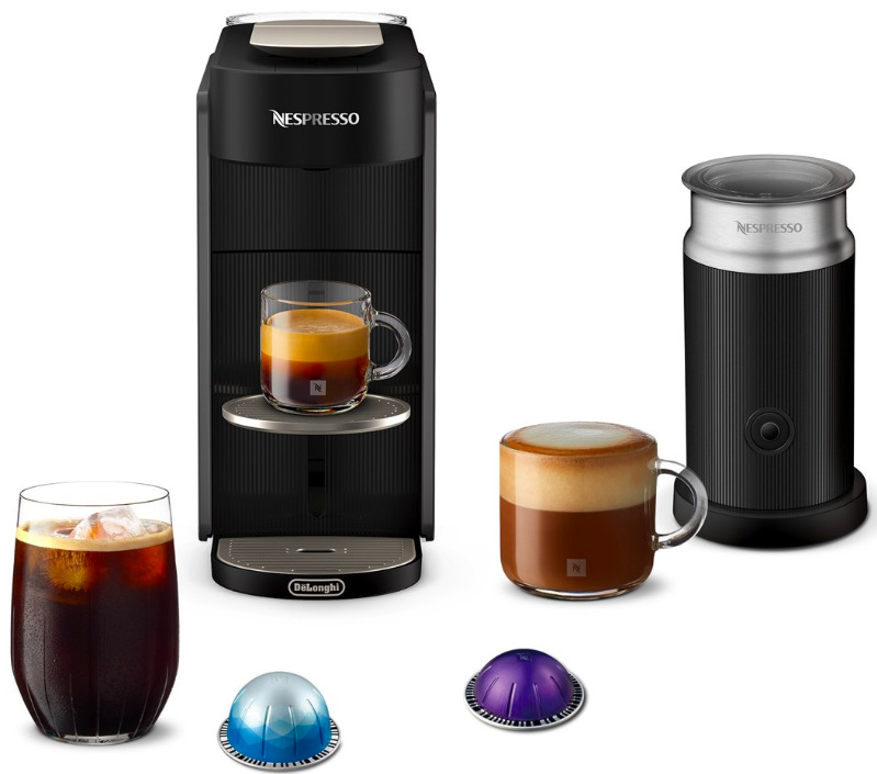 Kapsulový kávovar De'Longhi Nespresso Vertuo Up Bundle ENW200.GYAE antracitová farba Kávovar DeLonghi Nespresso Vertuo Up Bundle ENV200.GYAE s Aeroccino 3 a rôznymi druhmi pripravených nápojov