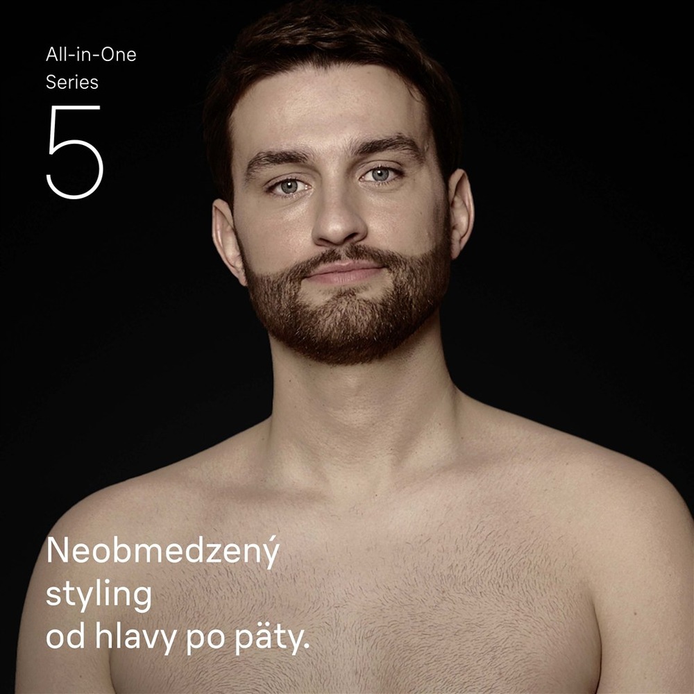 Zastrihávač multifunkčný Braun Series 5 AIO5520 sivý Muž s upraveným stylingom fúzov.