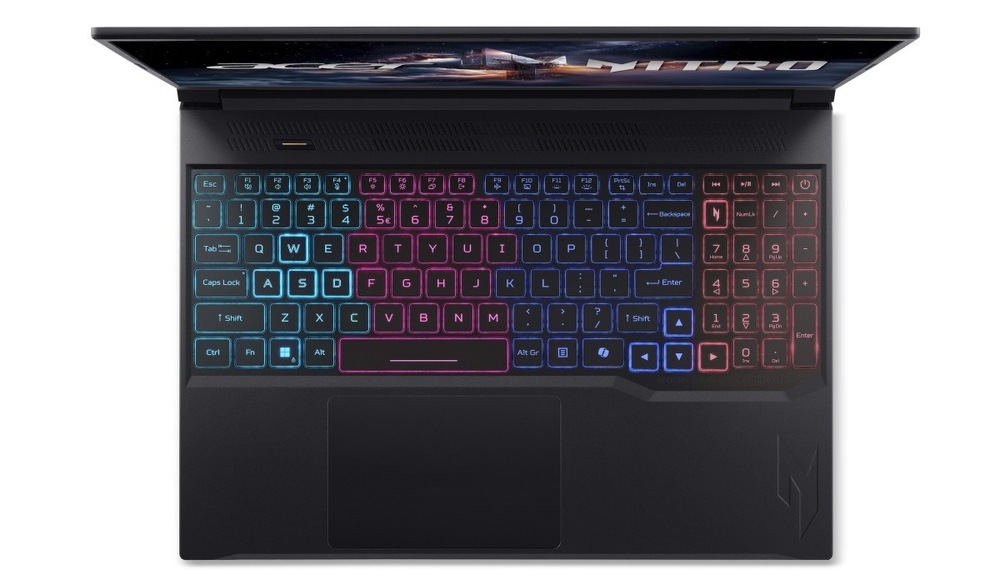 Notebook Acer Nitro V 16S (ANV16S-71-76ZB) čierny Pohľad na RGB klávesnicu zhora pri notebooku Acer Nitro V 16S