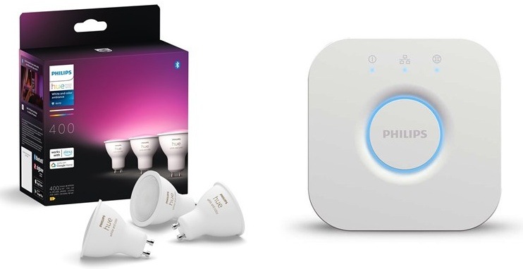 Inteligentná žiarovka Philips Hue 4.2W, GU10, White and Color Ambiance, 3 ks + Ovládač Philips Hue Bridge 2.0 Balenie chytrých žiaroviek a ovládač Philips Hue Bridge 2.0.