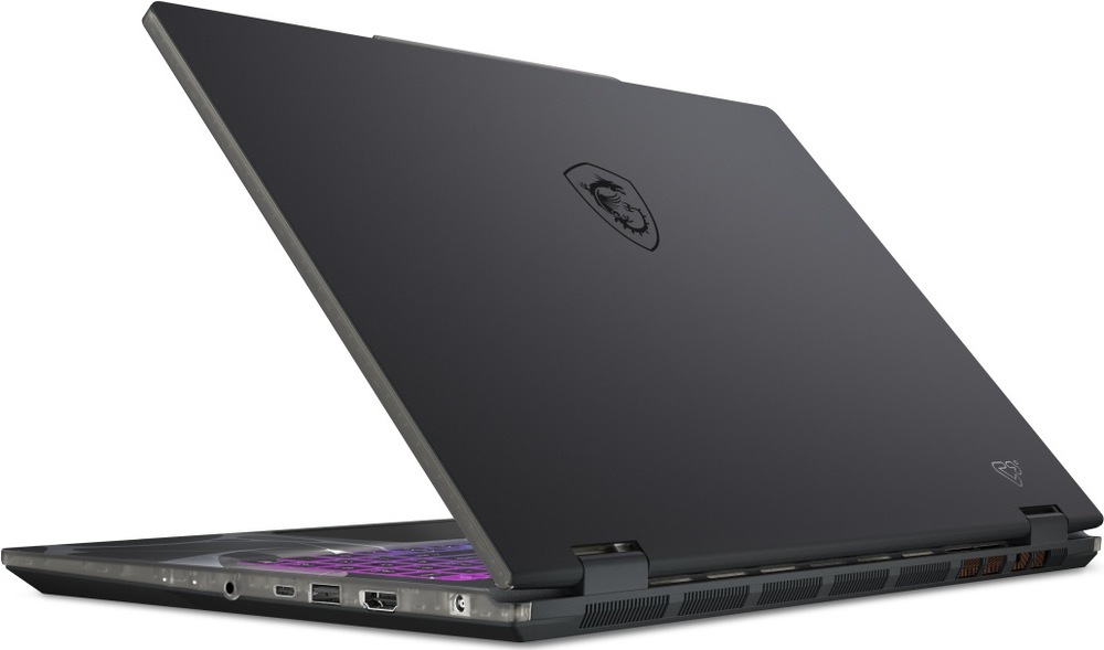 Notebook MSI Cyborg 15 B13WEKG-1222XCZNN čierny Zadný bočný pohľad na notebook MSI Cyborg 15 B13W s otvoreným vekom, výdychy chladenia a porty