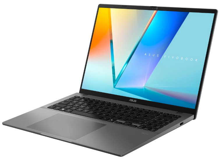 Notebook Asus Vivobook S16 strieborný ASUS Vivobook S16 z ľavého uhla s OLED displejom, klávesnicou a touchpadom