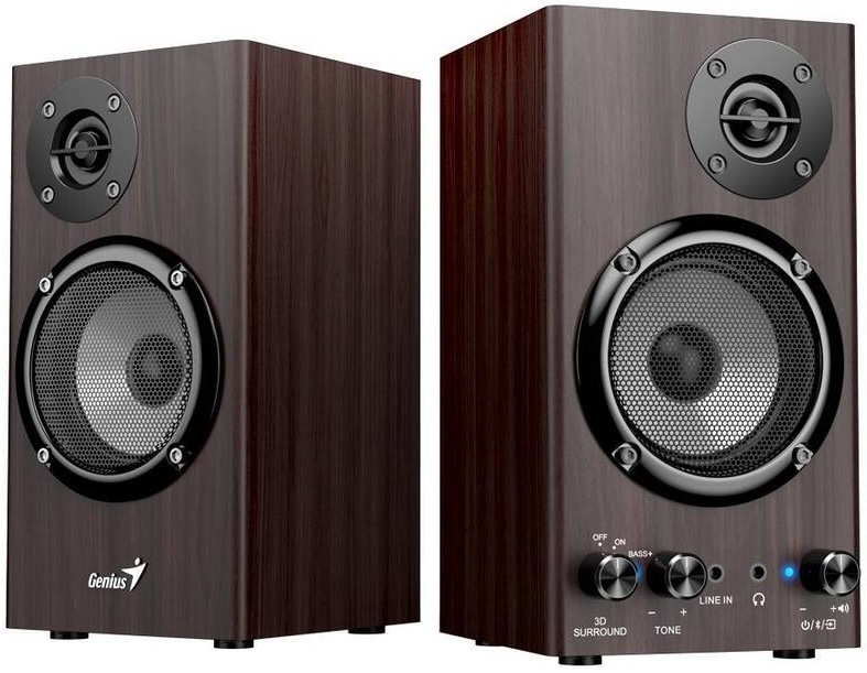 Reproduktory Genius SP-HF520BT hnedé Detail bočného a predného pohľadu na hnedé reproduktory Genius SP-HF520BT s drevenou konštrukciou