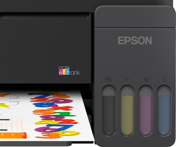 Tlačiareň multifunkčná Epson EcoTank L3310 čierna Detail tlačiarne Epson EcoTank L3310 s viditeľnými zásobníkmi atramentu