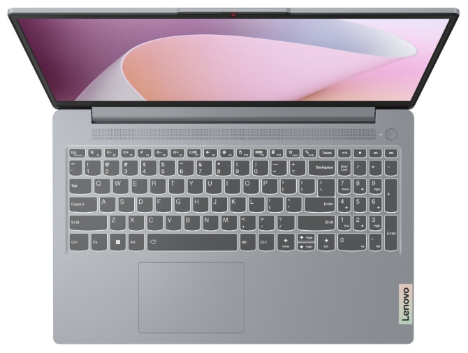 Notebook Lenovo IdeaPad Slim 3 15AMN8 sivý Pohľad zhora na klávesnici s numerickou časťou a touchpad notebooku Lenovo IdeaPad Slim 3 15AMN8