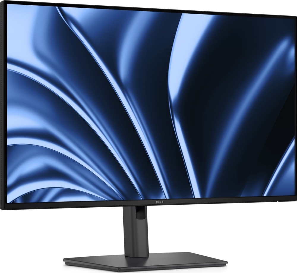 Monitor Dell Pro P2726HE sivý Šikmý čelný pohľad na sivý monitor Dell s tenkými rámčekmi, centrálnym stojanom a širokou obdĺžnikovou základňou.