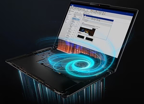 Notebook Lenovo IdeaPad Slim 5 16AHP11 modrý Notebook Lenovo IdeaPad Slim 5 16AHP11 so špirálou ilustrujúcou chladenie a výkon