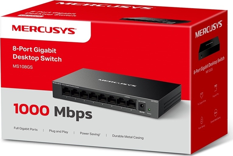 Switch Mercusys MS108GS (MS108GS) čierny Červeno-biela predajná krabica switcha Mercusys MS108GS s vyobrazením produktu a údajmi o ôsmich gigabitových portoch a rýchlosti 1 000 Mbit/s.