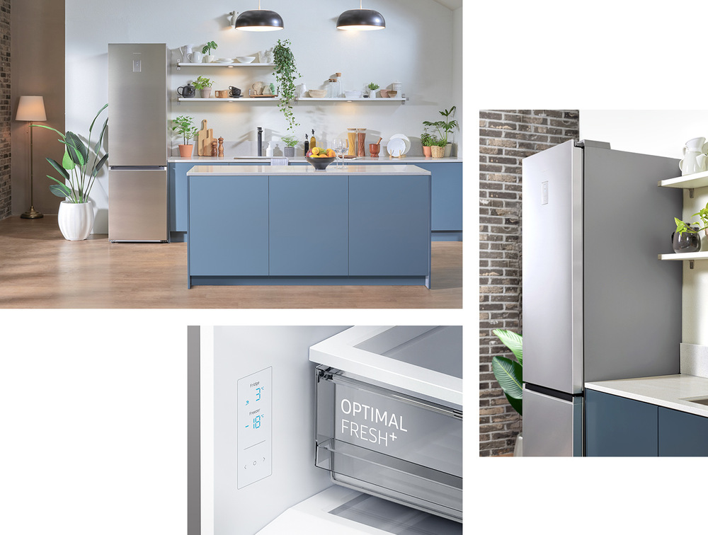 Chladnička s mrazničkou Samsung RB38T607BB1/EF čierna Koláž lednice v kuchyni, detail dveří lednice