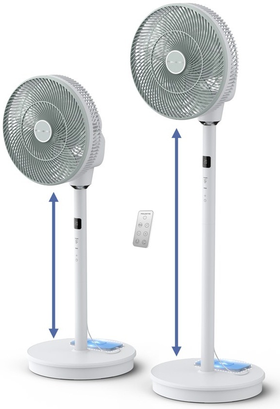 Ventilátor stojanový Rowenta QV5050F0 Turbo Silence Compact 3D Nomad biely Rowenta v dvoch výškových polohách ukazujúce teleskopické nastavenie tyče.