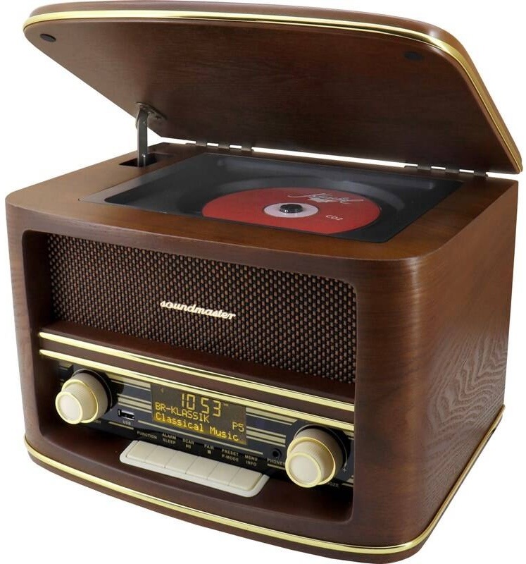 Retro rádio Soundmaster NR961 v hnedom dreve hore otvorené s CD diskom