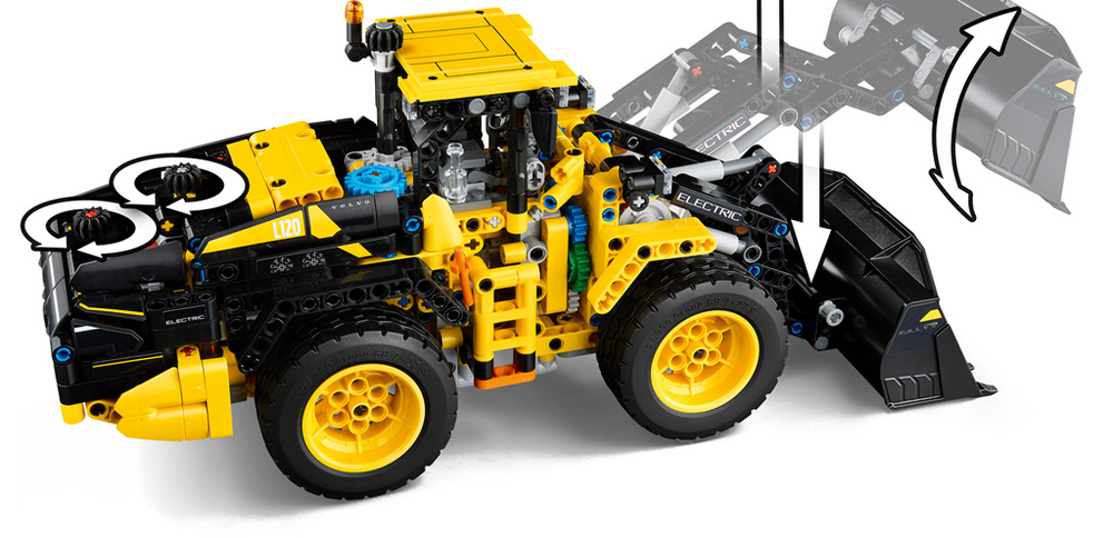 Stavebnica LEGO® Technic 42209 Kolový nakladač Volvo L120 Electric Tri otáčajúce sa ozubené kolesá pod krytom motora názorne ukazujú deťom princíp fungovania technických mechanizmov.