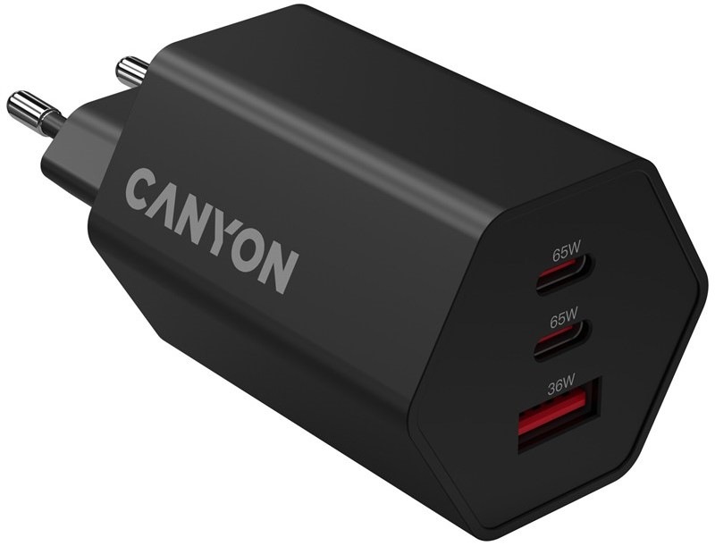 Nabíjačka do siete Canyon HEXAGON 65 GaN 65W 2x USB-C/1xUSB-A - čierna