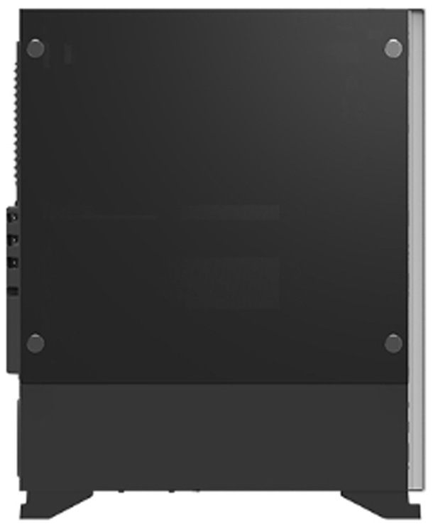 Case Zalman S5 čierna Na obrázku je bočný pohľad na PC skriňu Zalman S5, čierna. Vidíte veľkú tmavú priehľadnú bočnicu (tónované sklo), ktorá je prichytená štyrmi okrúhlymi skrutkami v rohoch. V spodnej časti je nepriehľadný kryt zakrývajúci priestor pre zdroj a kabeláž. Skriňa stojí na nízkych nôžkach a po pravom okraji je viditeľný rámček predného panelu.