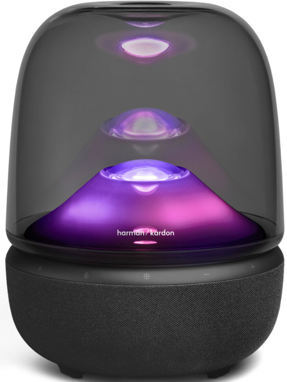 Reproduktor Harman Kardon Aura Studio 5 s fialovým ambientným osvetlením v transparentnej kopule