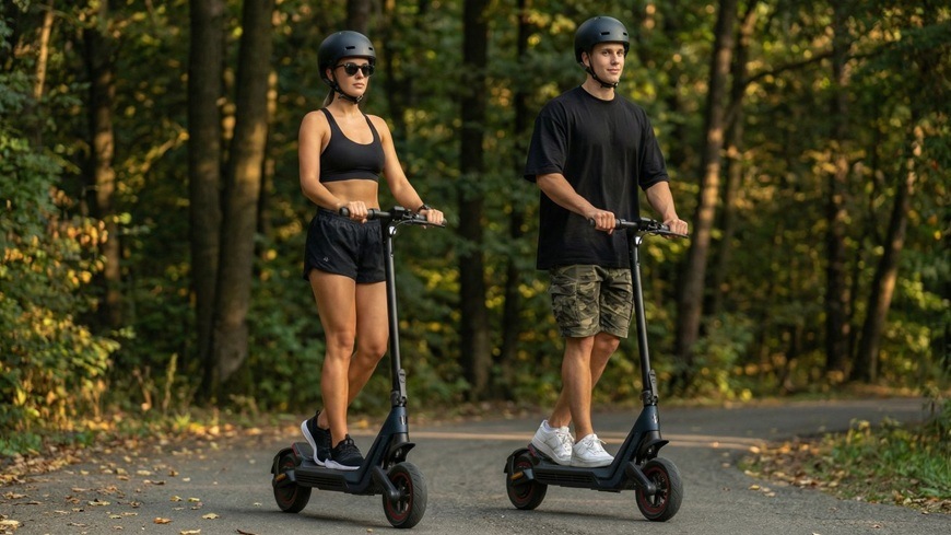 Elektrická kolobežka Sencor SCOOTER S80 čierna Elektrická kolobežka Sencor SCOOTER S80 je určená pre pohodlnú a ekologickú dopravu na kratšie aj stredne dlhé vzdialenosti. Vďaka stabilnej konštrukcii, širokej nášľapnej ploche a väčším kolesám poskytuje komfortnú jazdu po mestských cyklotrasách aj spevnených cestách. Na snímke sú dvaja jazdci vybavení ochrannými prilbami, ktorí si užívajú plynulú jazdu v prírodnom prostredí, čo podčiarkuje všestrannosť kolobežky pre každodenné dochádzanie aj voľnočasové výlety.