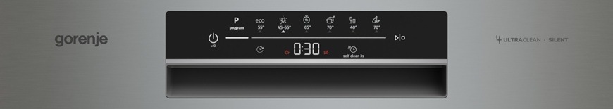 Umývačka riadu Gorenje G400 GI643C90X Detailný záber na predný ovládací panel vstavanej umývačky Gorenje GI643C90X.