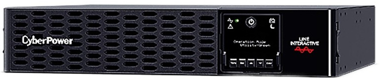 Záložný zdroj CyberPower Professional Rackmount Series PRIII 2200VA/2200W,2U, XL čierny Na obrázku je čierny rackový záložný zdroj CyberPower v nízkom 2U prevedení. Na prednej strane má širokú ventilačnú mriežku, menší displej s ovládacími tlačidlami a stavovými ikonami a logo Line-Interactive. Zariadenie pôsobí profesionálne a je určené na montáž do serverového racku.