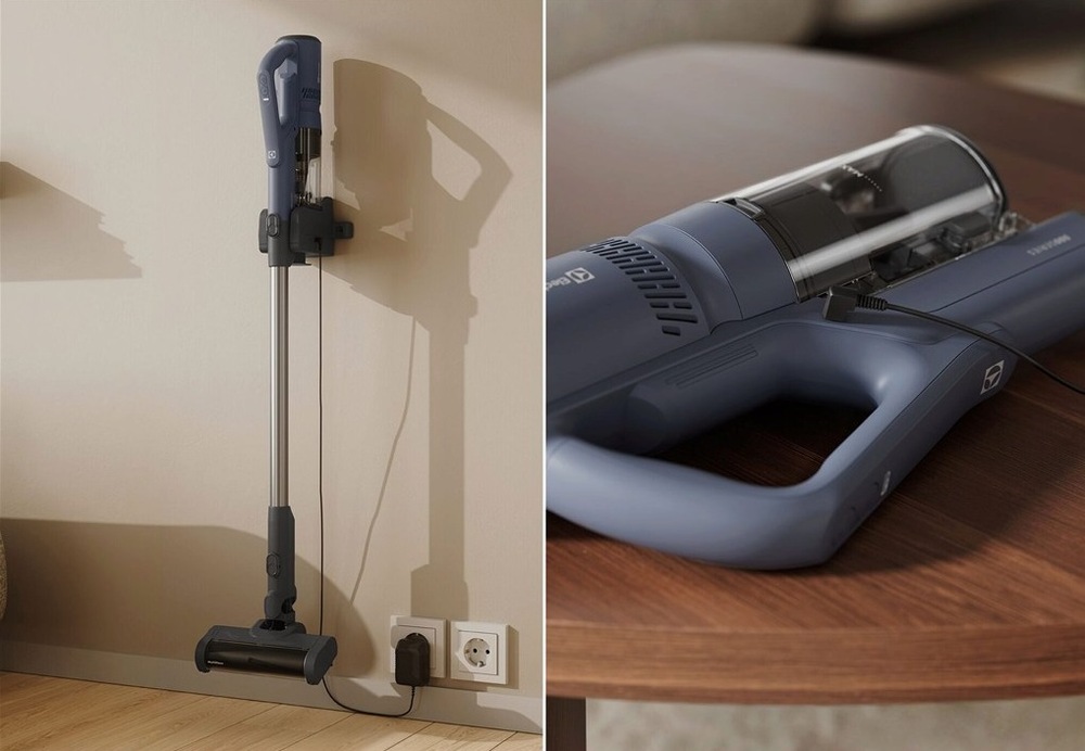 Tyčový vysávač Electrolux 500 Ultimate EP51UH18DB modrý Tyčový vysávač Electrolux na nástennom držiaku.