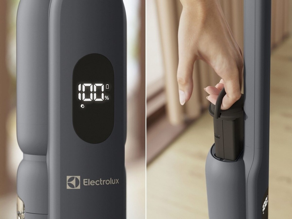 Detail na displej podlahovej umývačky Electrolux. Vpravo detail na vymeniteľnú batériu.